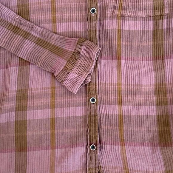 prAna Pink Red Purple Textured Plaid Long Sleeve Button Front Size M Faded - Picture 9 of 15